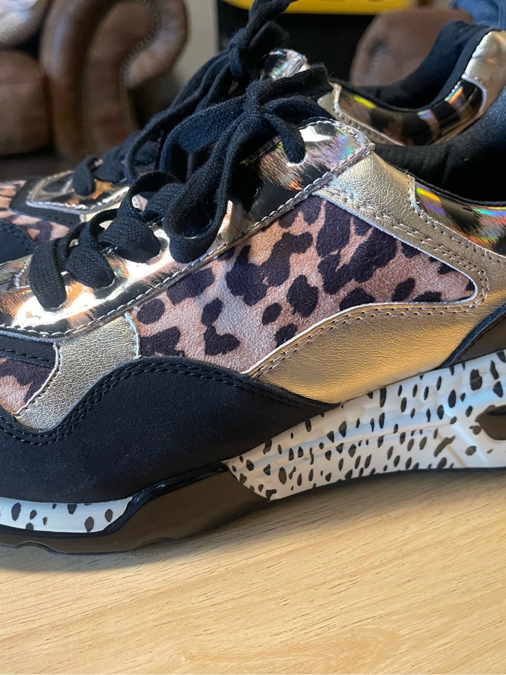 Steve Madden Cliff Leopard Animal Print Lace-Up Low Top Sneakers Black/Silver